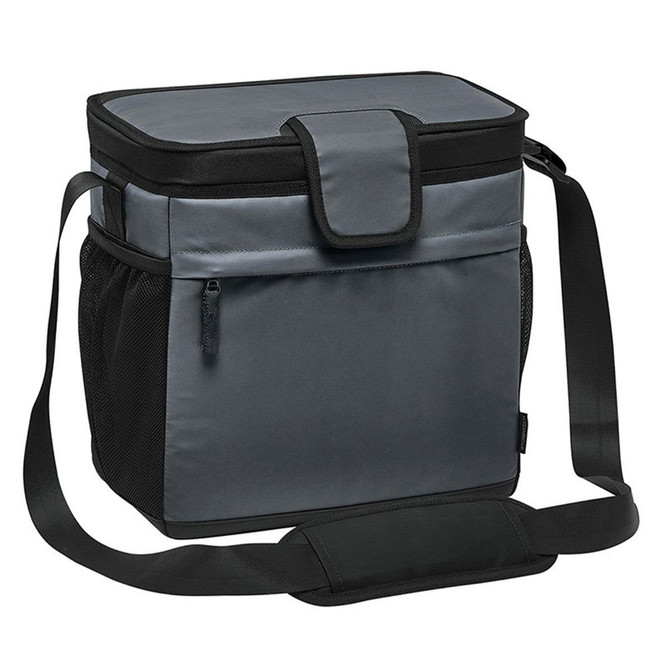 A cooler bag in grey with a secure flap, adjustable shoulder strap, and mesh side pockets. Features a logo.