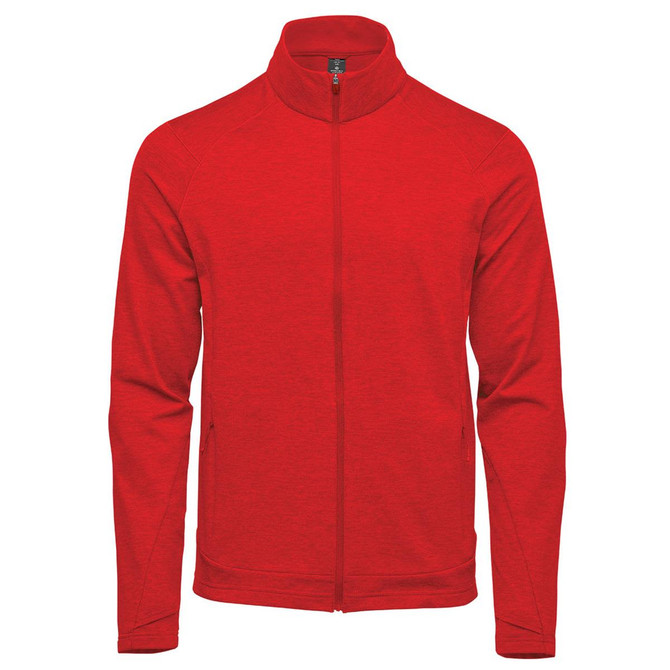 A red performance jacket with a zip front and high collar, featuring a logo on the chest.