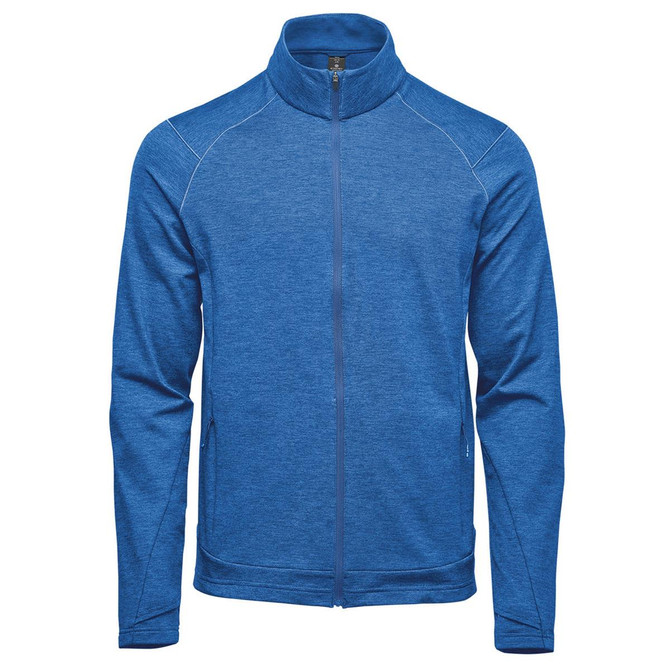 A blue men's performance jacket with a zip front and stand-up collar, featuring side pockets and branding.