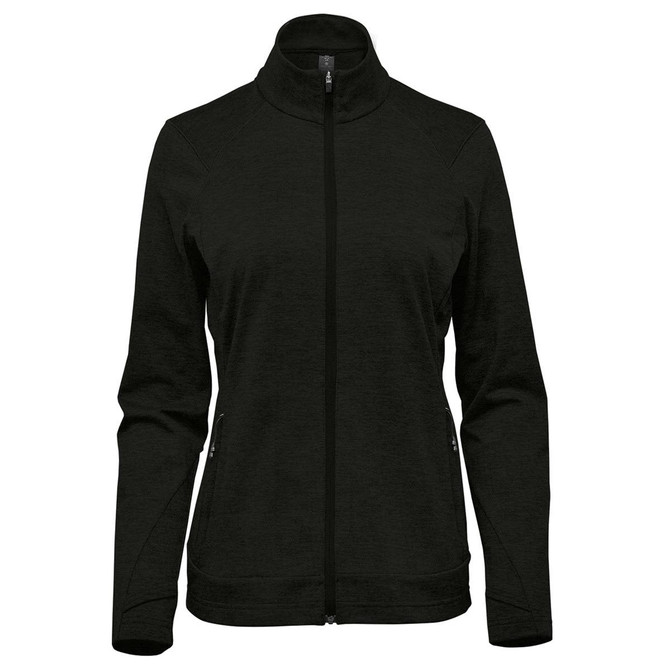 A women's performance jacket in black with a full zip, front pockets, and a collar. Features a logo on the design.