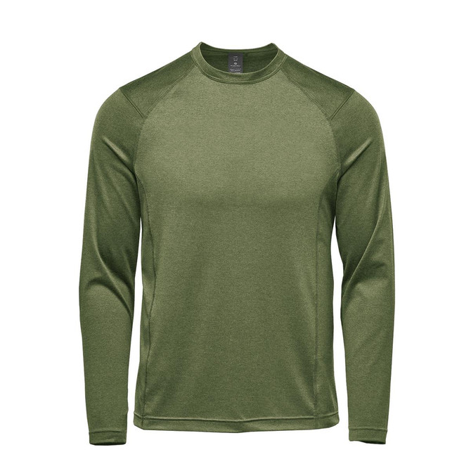 A long-sleeve crew neck shirt in olive green, featuring a logo. Designed for casual wear.