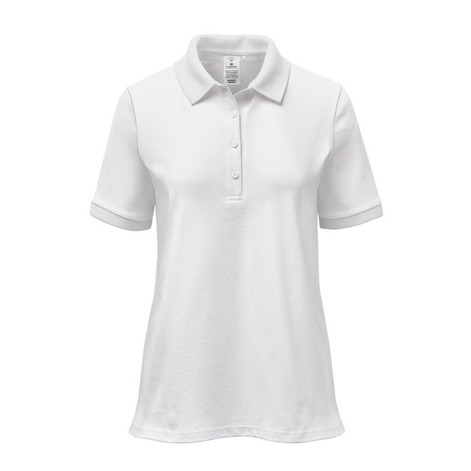 A white women's polo shirt with short sleeves and a collar, featuring a button-up front and a logo.