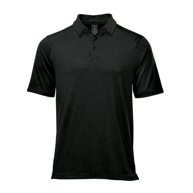A dark green polo shirt featuring a collar and short sleeves, with a logo on the chest area.