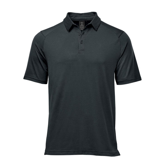 A dark green men's polo shirt with a collar and short sleeves. The shirt features a logo on the chest area.