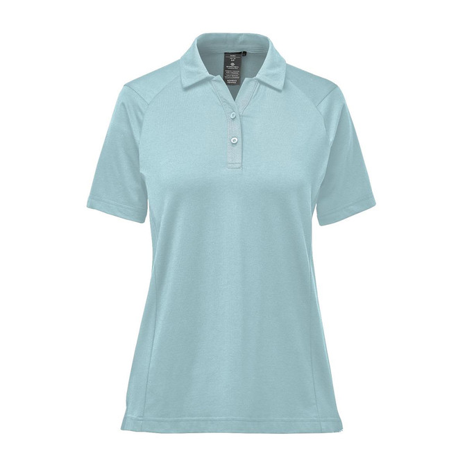 A light aqua women's polo shirt with a collar and short sleeves, featuring a logo on the chest.