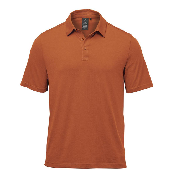 A short-sleeved, rust-coloured polo shirt featuring a collar and a logo.