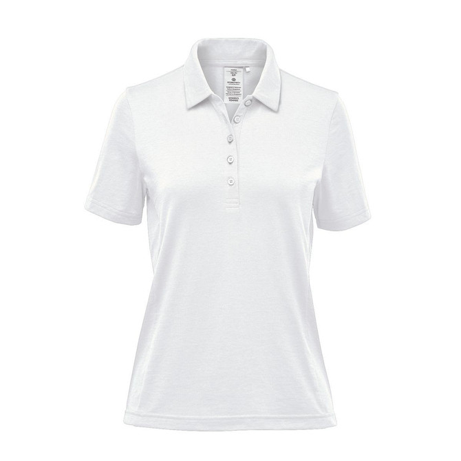 A white women's polo shirt with a collar, short sleeves, and a buttoned placket. It features a logo.