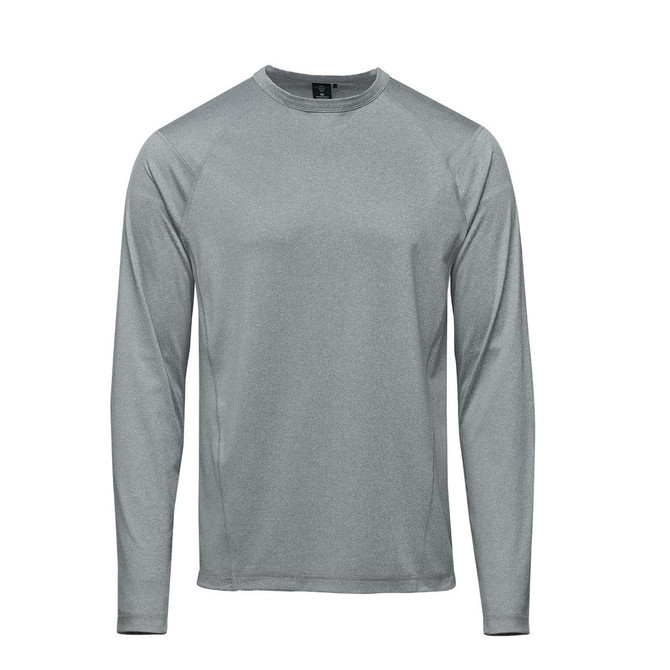 A long-sleeve grey t-shirt designed for men, featuring a sleek, athletic fit and a logo.