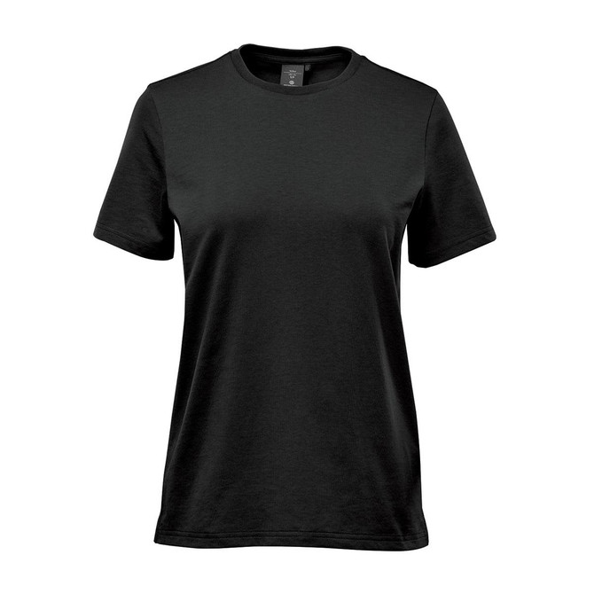 A women's short-sleeve t-shirt in black, featuring a simple design and a logo.