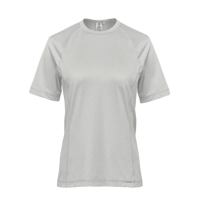 A light grey women's t-shirt with short sleeves, featuring a raglan design and a logo on the front.