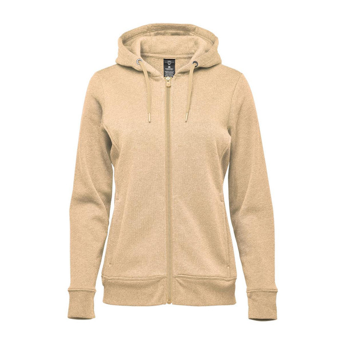 A women's full zip hoodie in a light beige colour, featuring a hood and ribbed cuffs. It has a logo.