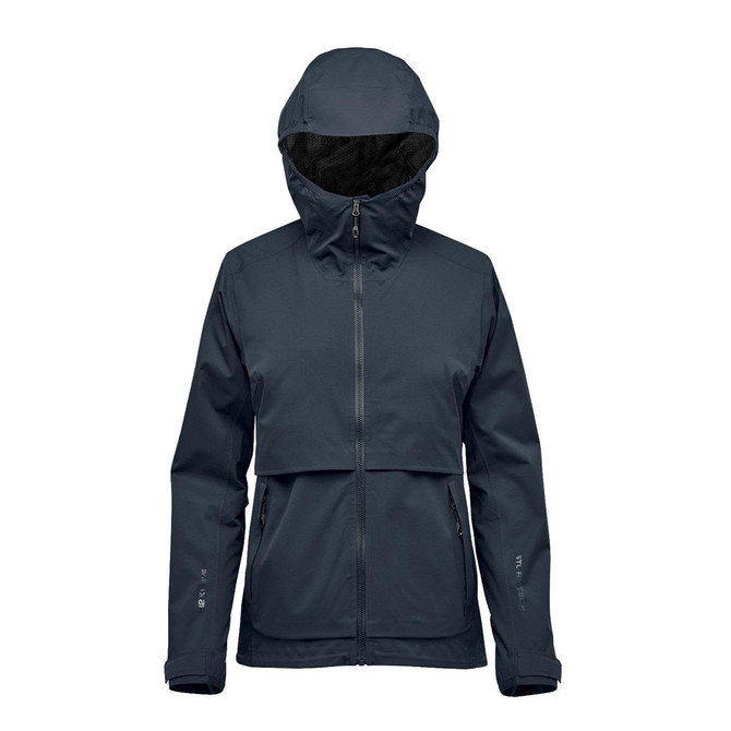 A dark navy women's rain jacket with a hood, featuring a front zip and a logo. Suitable for wet weather.