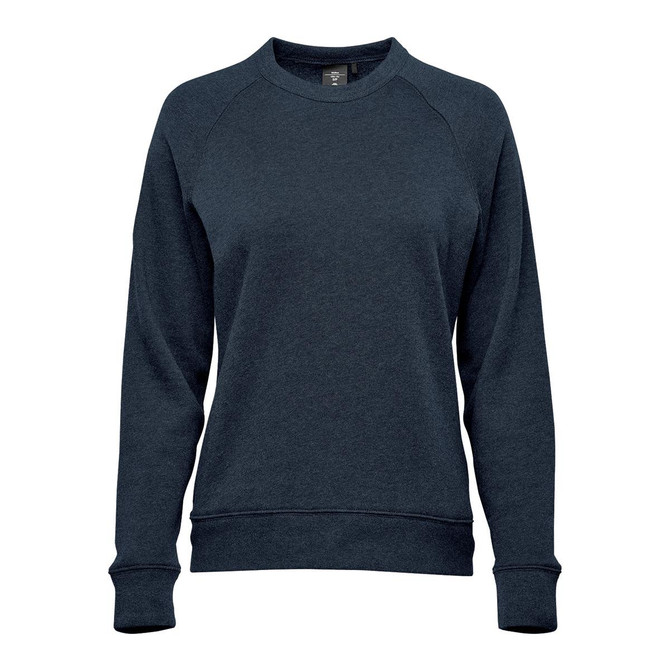 A women's crew neck fleece jumper in navy blue with long sleeves and a snug fit. Features a logo on the front.