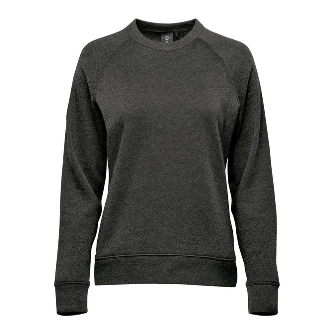 A dark grey women's crew neck fleece jumper with long sleeves and a ribbed hem. It features a logo.