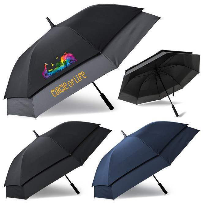 A collection of four umbrellas in black and navy, featuring different designs and one with a logo.