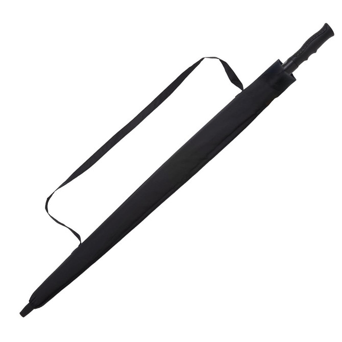A black umbrella with a sleek handle, featuring a storage cover and an adjustable strap for carrying.