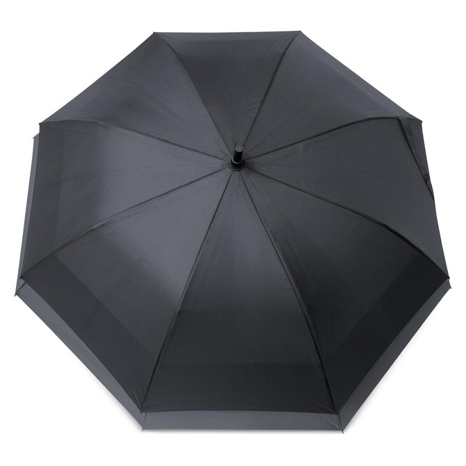 A black octagonal umbrella with a smooth fabric surface and a central shaft, featuring a logo.