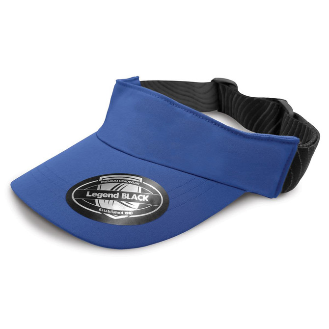 A blue visor with a black adjustable strap, featuring a logo on the front.
