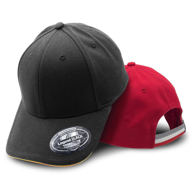 A black cap and a red cap displayed together, featuring a logo and differing styles in headwear.