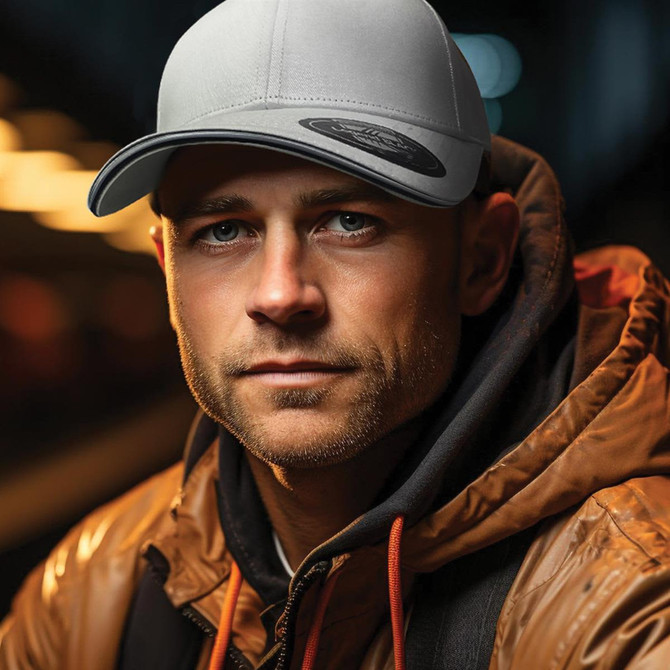 A grey cap is worn by a man with short hair and a serious expression, dressed in a brown jacket against a blurred background.