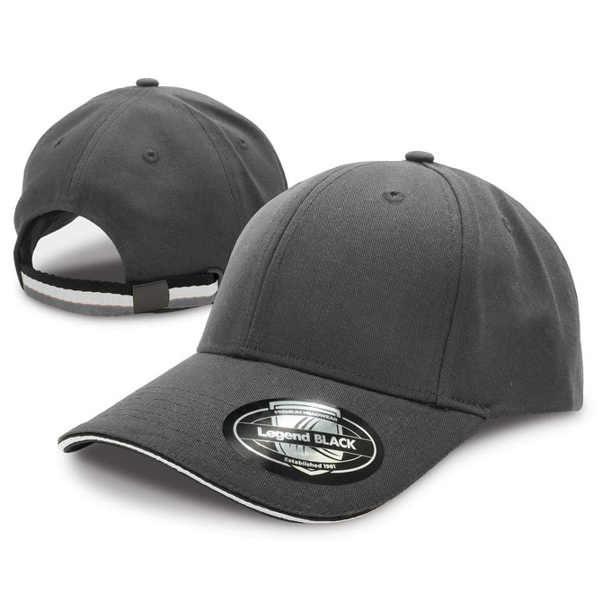A black cap with a curved brim and a logo on the front. The back features an adjustable strap.