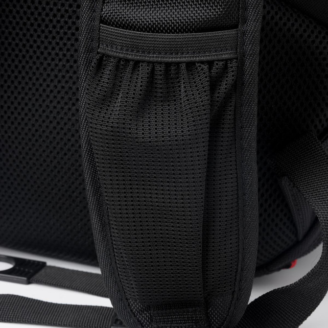 A close-up of the Swissdigital Neptune Backpack featuring a textured black mesh pocket and shoulder strap.