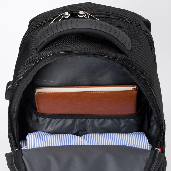A black backpack with a padded interior, featuring a notebook and a folded shirt inside. It includes a logo.