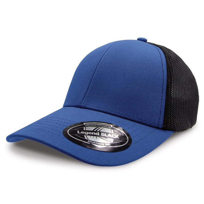 A blue cap with a black mesh back, featuring a logo sticker on the brim.
