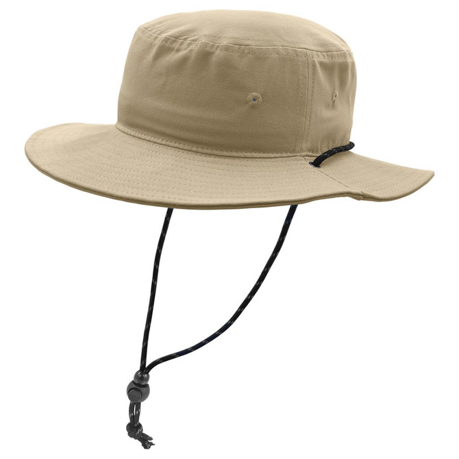 A tan bucket hat with a wide brim and adjustable chin strap, featuring a logo.