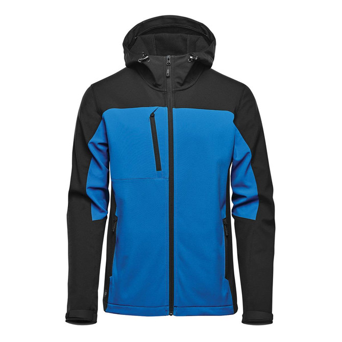 A hooded softshell jacket featuring a black and blue design with zippered pockets and a logo.