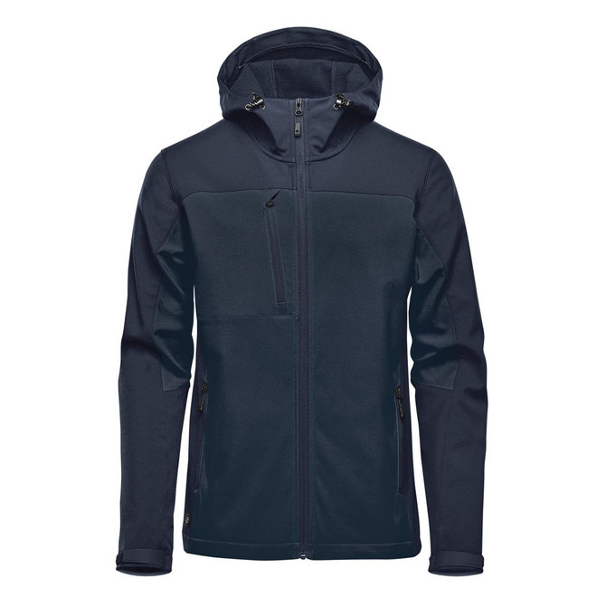 A men's hooded softshell jacket in dark navy, featuring a front zip and zippered pockets. It has a logo on it.