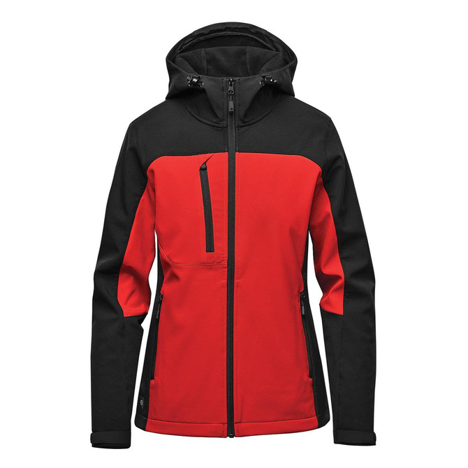 A red and black hooded softshell jacket featuring a zipper and a small chest pocket. It has a logo on the design.