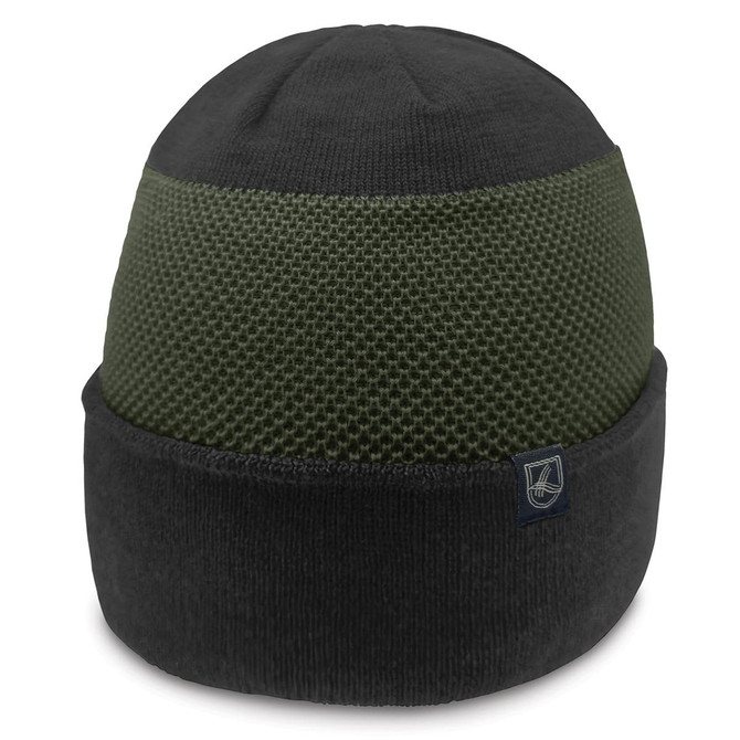 A beanie featuring a textured olive green panel and a black lower section, complete with a branding tag.