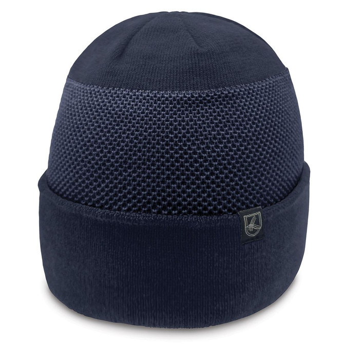A navy beanie with a textured design and a fold-over cuff, featuring a small logo.