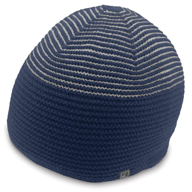 A navy blue beanie with horizontal stripes and a small logo on the side.