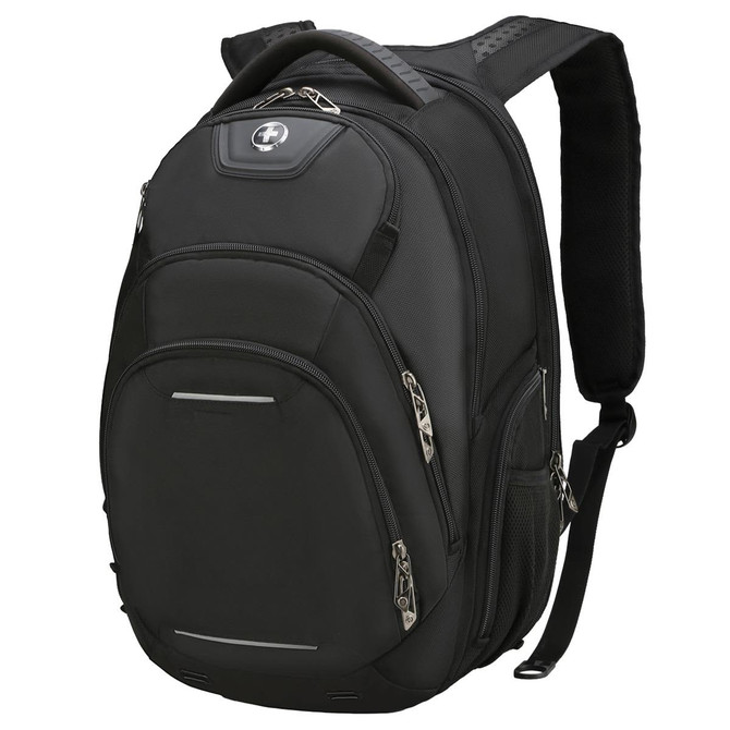 A black backpack with multiple compartments and zippers, featuring padded shoulder straps and a logo.