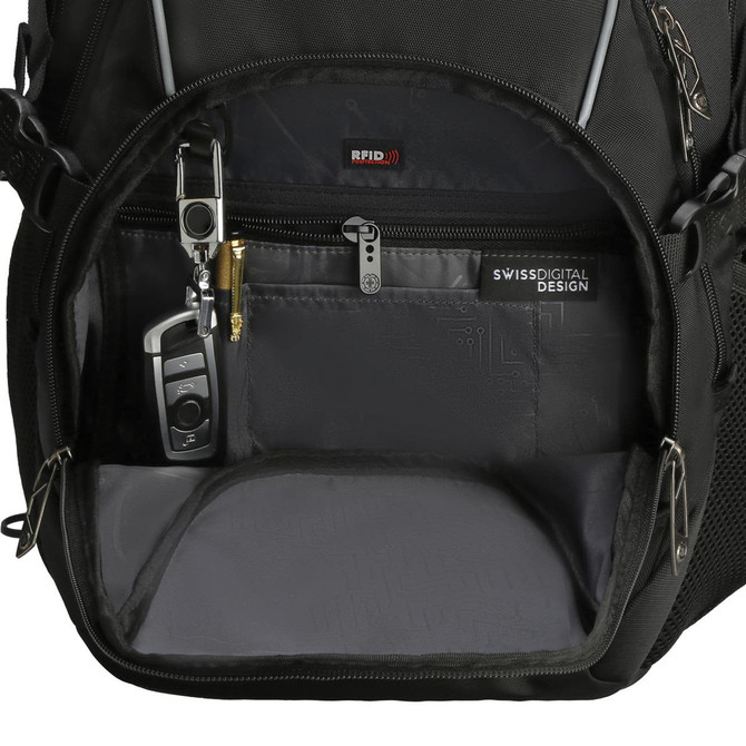 An interior view of a black backpack showing multiple pockets, a keychain, and RFID protection features.