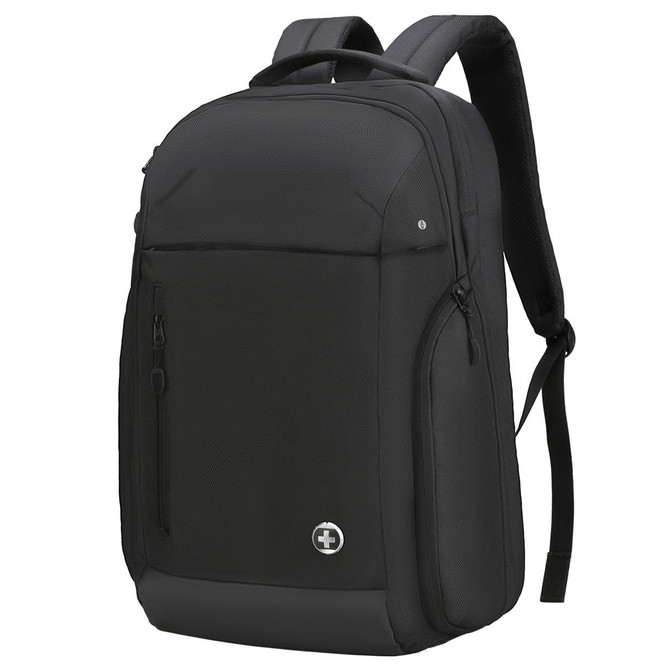 A sleek black backpack with a front zip pocket and padded shoulder straps, featuring a logo on the front.