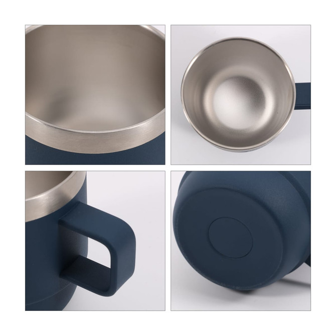 A stackable stainless steel mug in navy blue with a sleek silver rim and a handle. The interior is polished stainless steel.