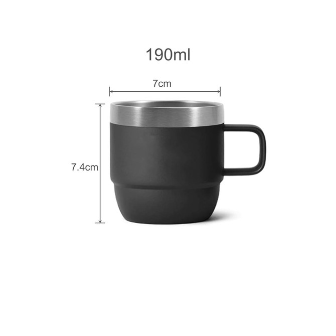 A stackable stainless steel mug in matte black, featuring a brushed metal rim and a handle. Measurement details included.