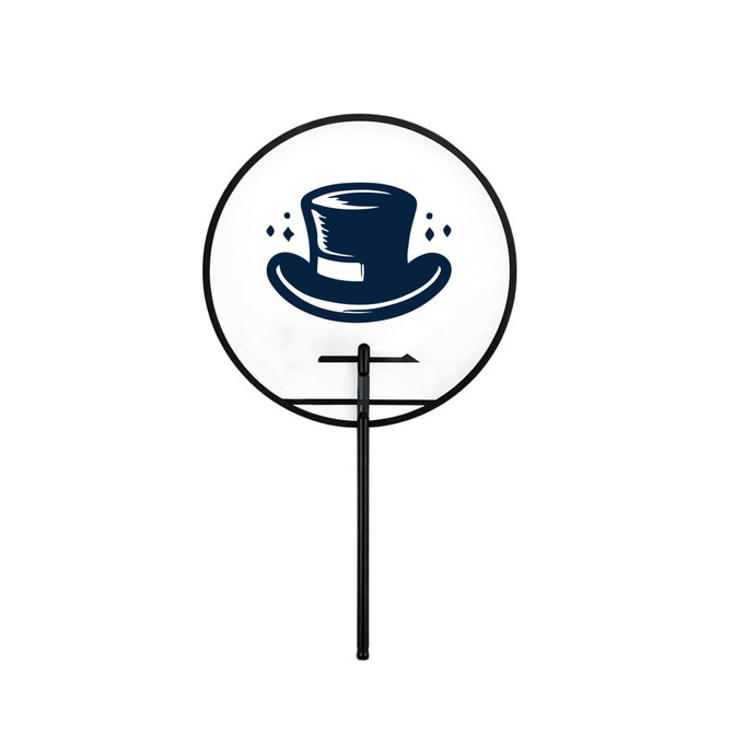 A round, transparent hand fan featuring a navy blue top hat design on a white background and a black handle.