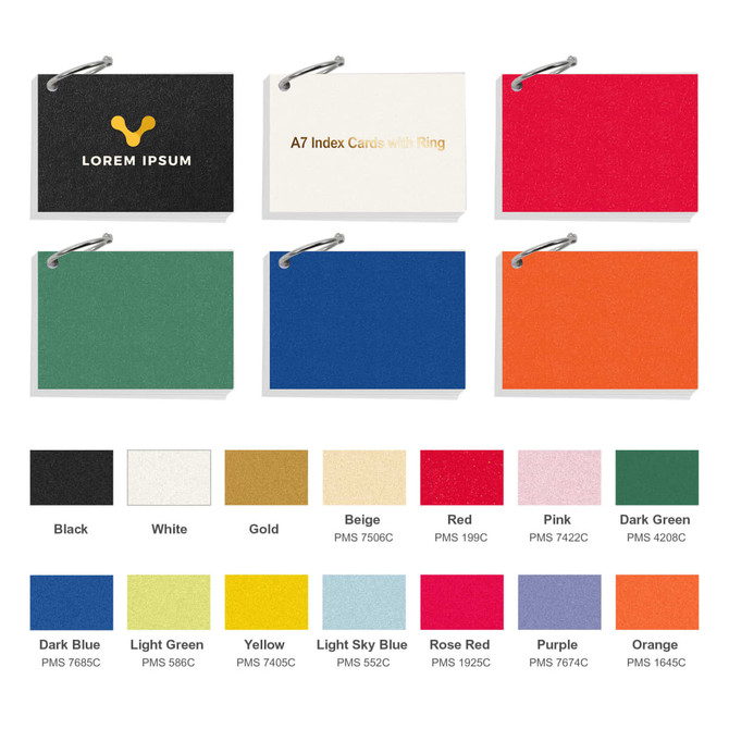 A7 index cards in various colours including black, white, gold, beige, red, and more, secured with a ring.