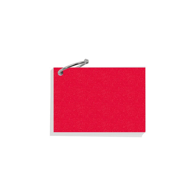 A7 pearlescent index cards in bright red, securely held together with a metal ring.