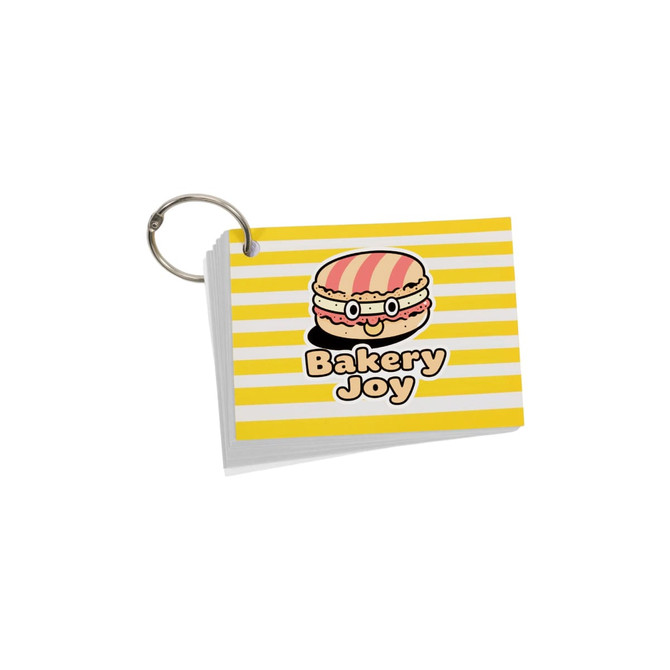 A7 index cards with a yellow and white striped design, featuring a cartoon hamburger character and a ring for organisation.