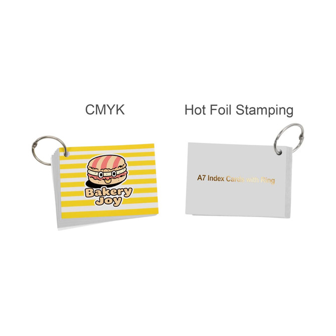 A7 index cards with a ring, featuring a colourful design with a hamburger and stripes on one side, and a plain back.
