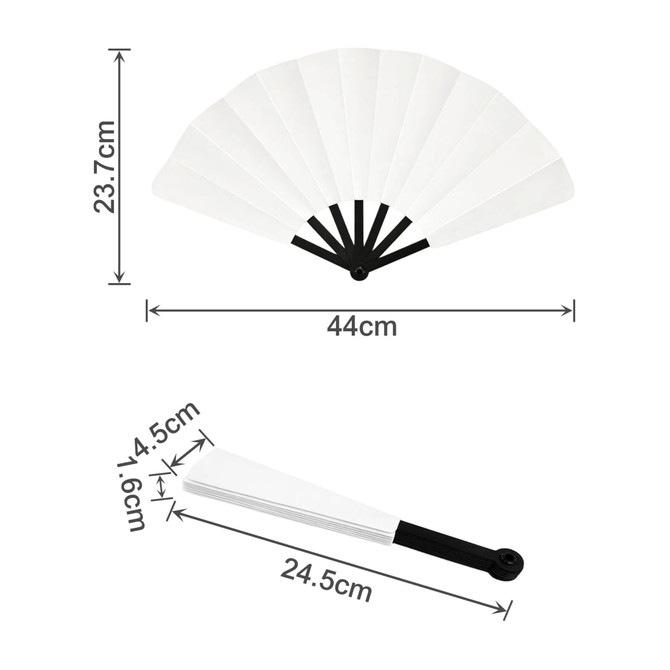 A plastic hand fan with a black handle and white blades, measuring 44 cm when opened and 24.5 cm when closed.