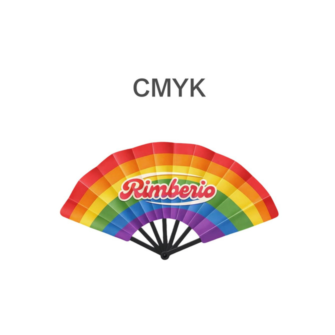 A rainbow-coloured plastic hand fan with a black frame and a logo on it.