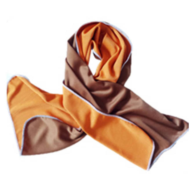 An orange and brown cooling towel with a white trim, featuring a logo.