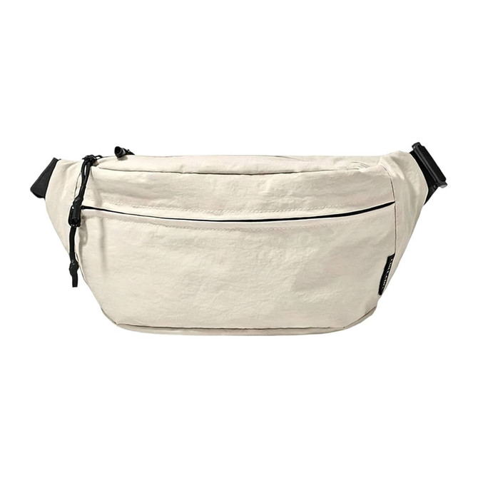 A large, cream-coloured bum bag with a front zip pocket and adjustable straps. Features a logo on the side.