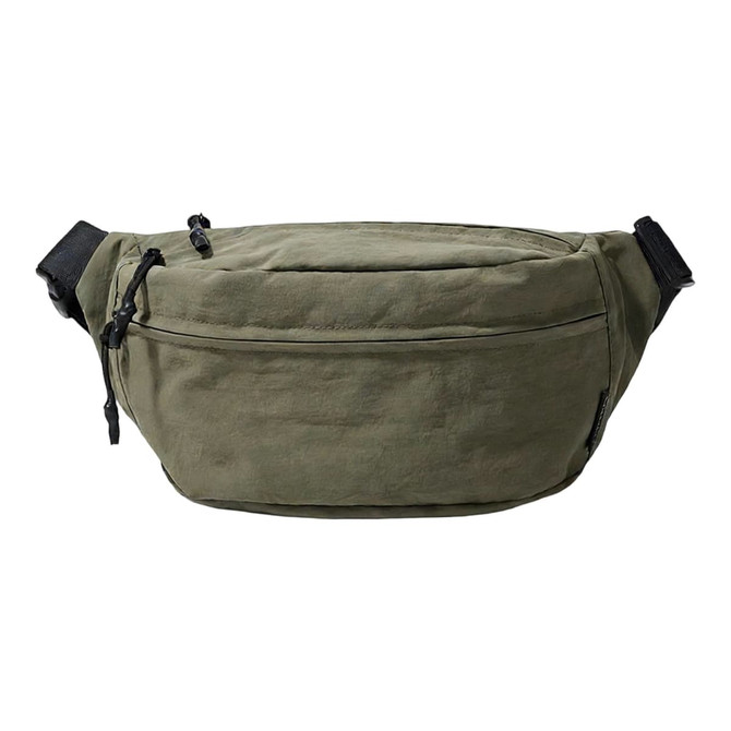 A large olive green bum bag with multiple zippered compartments and a black adjustable strap.